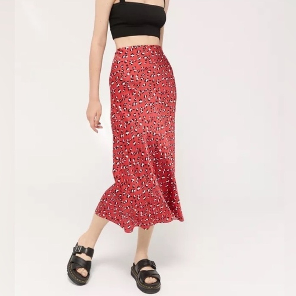 Urban Outfitters Red Leopard Satin Skirt